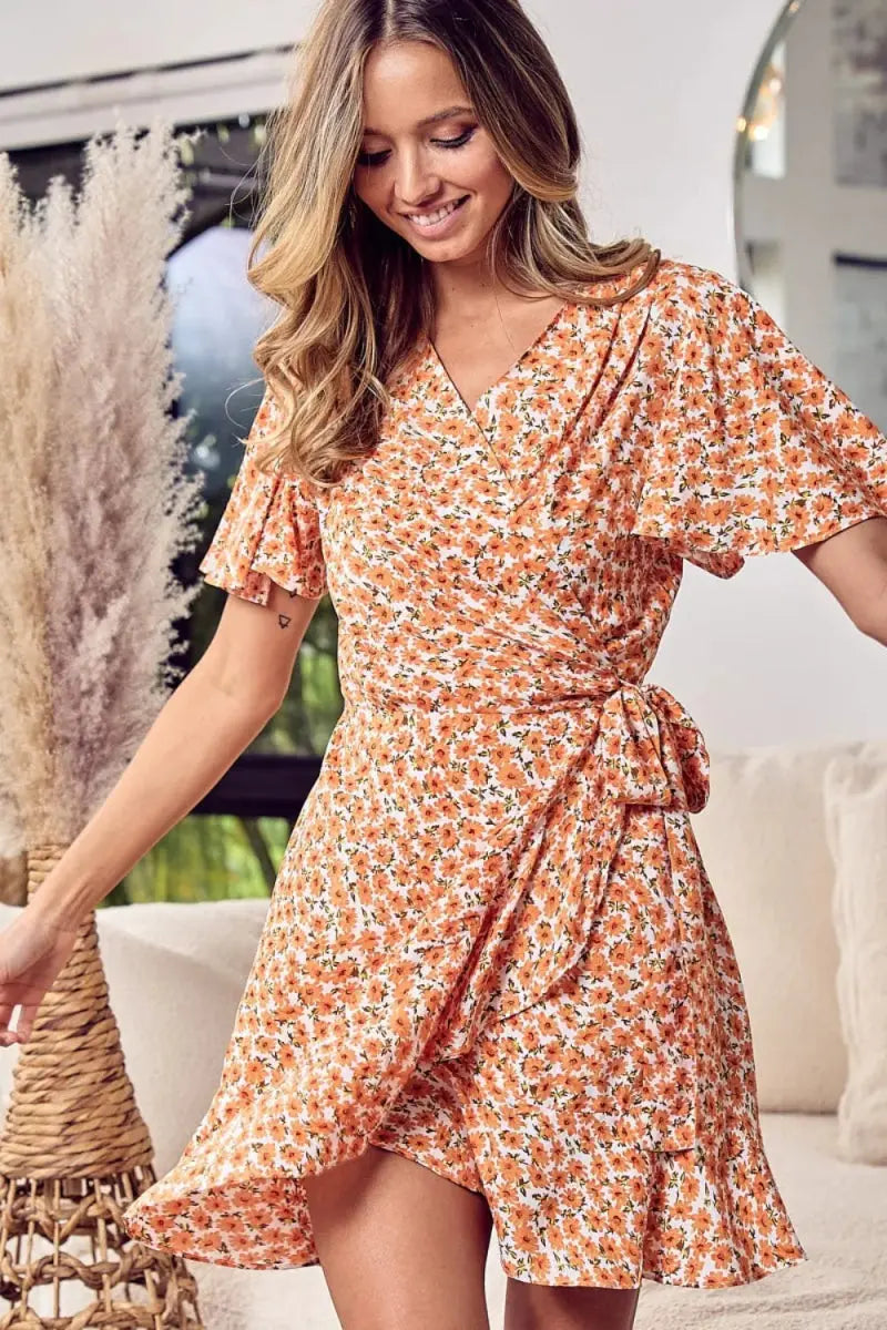 BiBi Floral Tied Short Sleeve Mini Wrap Dress for Summer - Love Salve
